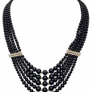 Vintage 5 Strand Black Glass Bead Bib Necklace Rhinestone Bar Gold Tone Clasp